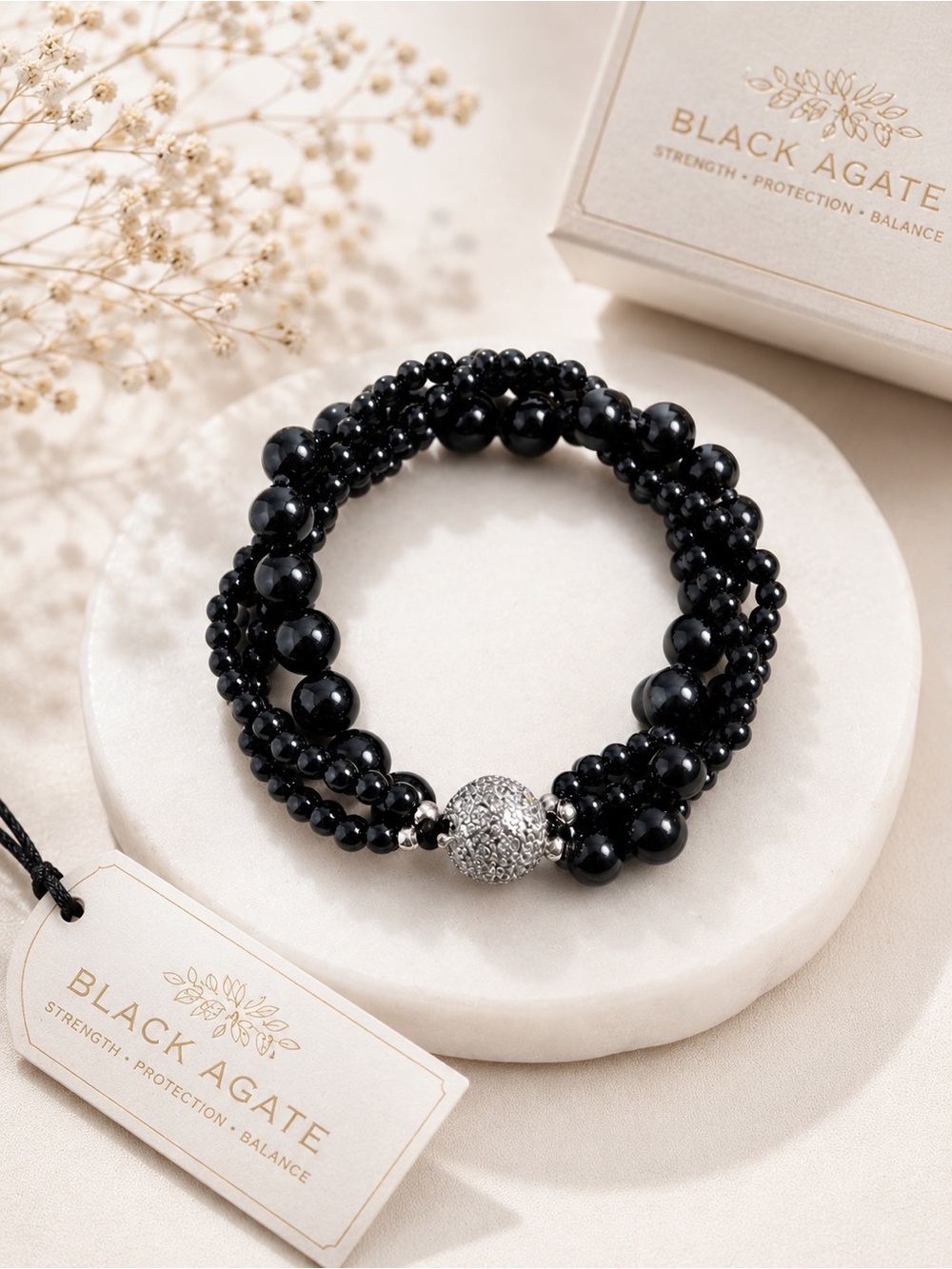 Black Agate Magnetic Beaded Bracelet – 7.5 inches